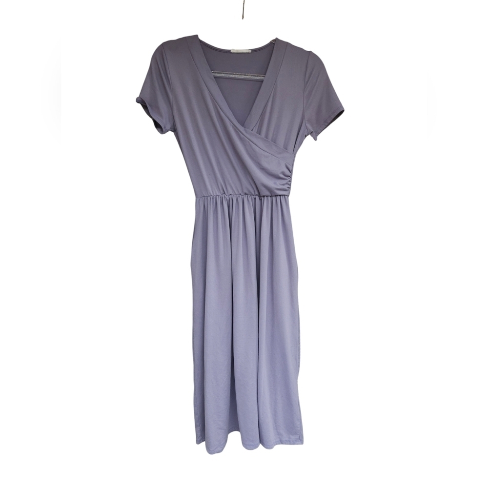 Woman's Lavender Purple shoes sleeve faux wrap midi vneck dress with pockets
